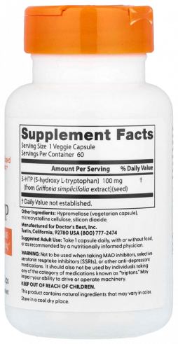 Doctor's Best 5-HTP, 5-Гидрокситриптофан с фолиевой кислотой, 60 капсул